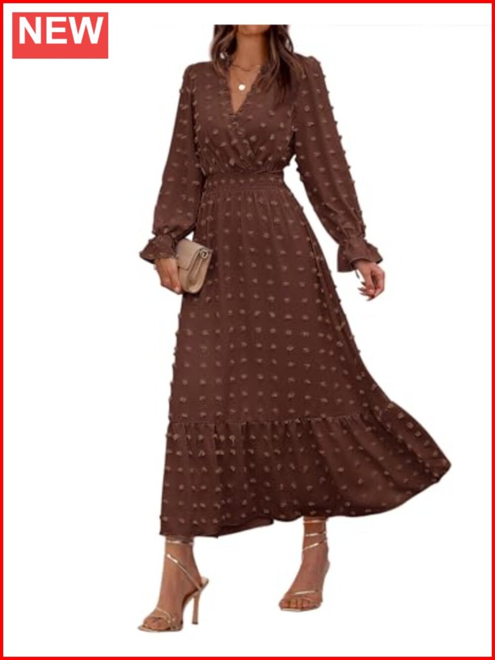 Swiss Dot A-Line Maxi Dress Ruffle Hem Long Sleeve Wedding Guest